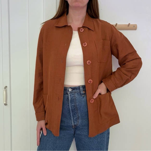 Vintage Jackets & Blazers - Vintage 90s Linen Chore Coat / Utility Jacket Made in Canada in Rust Size S / M